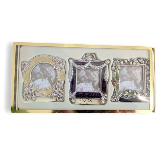 LENOX Set of 3 Vintage Jewel Picture Frames Silver Plate Enamel Mini 3'' New - Picture 1 of 5